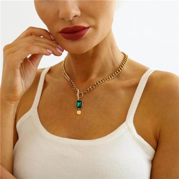 Emerald Green Toggle Necklace | Gold Stainless Steel - Picture 2 of 4